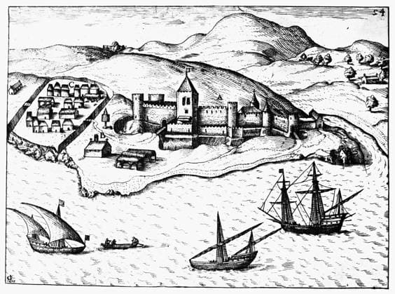 AFRICA: PORTUGUESE FORT. The fortress of Sao Jorge de Mina on the African Gold Coast, built in 1482 at the order of King John II of Portugal as a trading post and a supply base for the Portugese navigators. Line engraving, by Johann Theodor de Bry, 1603.  Copyright: xGRANGERx xGRANGERx 0125607