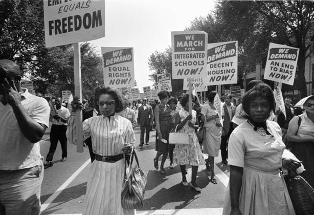 MARCH ON WASHINGTON, 1963. Picketers carrying signs calling for equal rights, integrated schools, and decent housing at the March on Washington, 28 August 1963. Photographed by Warren K. Leffler.  Copyright: xGRANGERx xGRANGERx 0125713