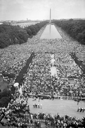 MARCH ON WASHINGTON, 1963. A view of crowds gathered on the Mall during the March on Washington, 28 August 1963, beginning in front of the Lincoln Memorial (foreground) and continuing around the reflecting pool toward the Washington Monument. Photographed by Warren K. Leffler.  Copyright: xGRANGERx xGRANGERx 0125835