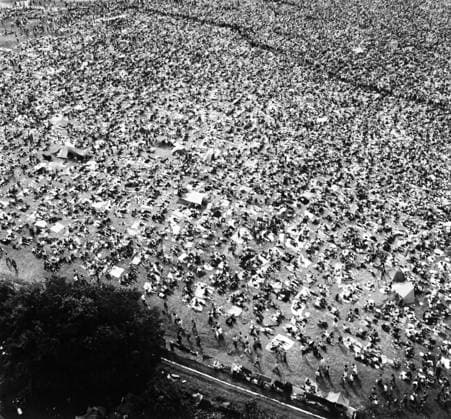 WOODSTOCK FESTIVAL, 1969. Aerial view of the crowd at the Woodstock Music Festival, 16 August 1969, at Bethel, Sullivan County, north of New York City. Photograph by Marty Lederhandler.  Copyright: xGRANGERx xGRANGERx 0129578