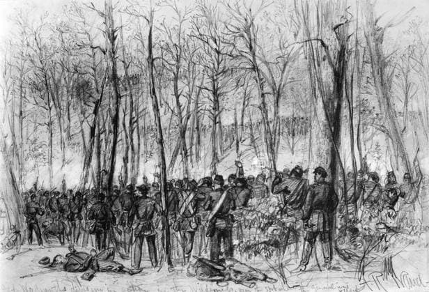 CIVIL WAR: WILDERNESS. Major-General James Samuel Wadsworth and his troops fighting at the Battle of the Wilderness, Virginia, 6 May 1864. Pencil drawing by Alfred R. Waud.  Copyright: xGRANGERx xGRANGERx 0130142