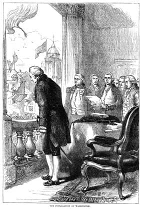 WASHINGTON: INAUGURATION, 1789. George Washington bowing to the crowd outside Federal Hall in New York City after being sworn in as the first president of the United States, 30 April 1789. Engraving, 19th century.  Copyright: xGRANGERx xGRANGERx 0131807