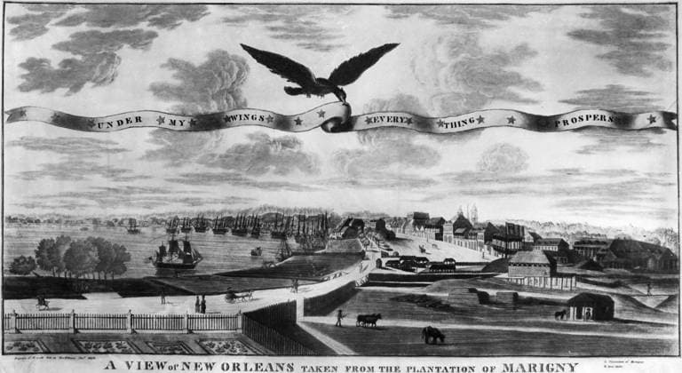 NEW ORLEANS, 1803. A view of the city of New Orleans, Louisiana, at the time of the Louisiana Purchase in 1803, bearing the motto Under My Wings, Everything Prospers. Lithograph after a painting by Boqueto de Woiserie.  Copyright: xGRANGERx xGRANGERx 0163323