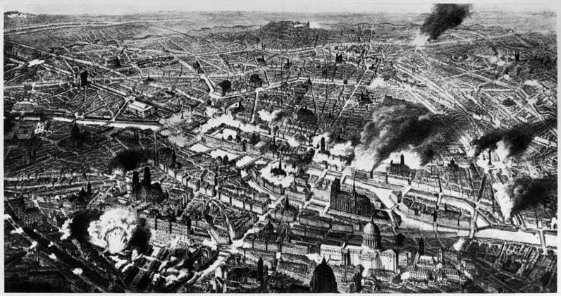 PARIS COMMUNE, 1871. The burning of major landmarks in Paris by the Communards during the Bloody Week in a last effort to retain control, 21-26 May 1871. Lithograph, c1871.  Copyright: xGRANGERx xGRANGERx 0165945
