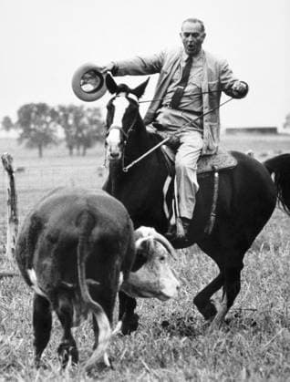 LYNDON BAINES JOHNSON (1908-1973). 36th President of the United States. Photographed the day after his victory in the election of 1964, riding his horse, Lady B. on his ranch in Texas.  Copyright: xGRANGERx xGRANGERx 0168742