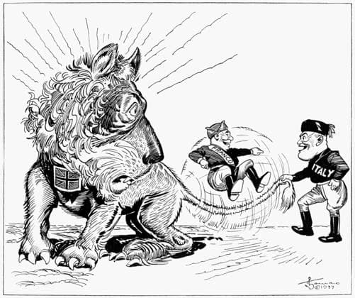 SPANISH CIVIL WAR, 1937. Boys Will Have Fun. The British lion alarmed at Italian leader Benito Mussolini s aid to the Nationalist faction of the Spanish Civil War, led by Francisco Franco. British cartoon, 1937.  Copyright: xGRANGERx xGRANGERx 0174424