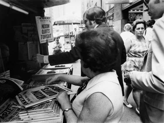 NEW YORK: NEWSSTAND, 1974. A newsstand on 6th Avenue in New York City with issues of the New York Post with the headline announcing Nixon s resignation. Photograph, 8 August 1974.  Copyright: xGRANGERx xGRANGERx 0174532