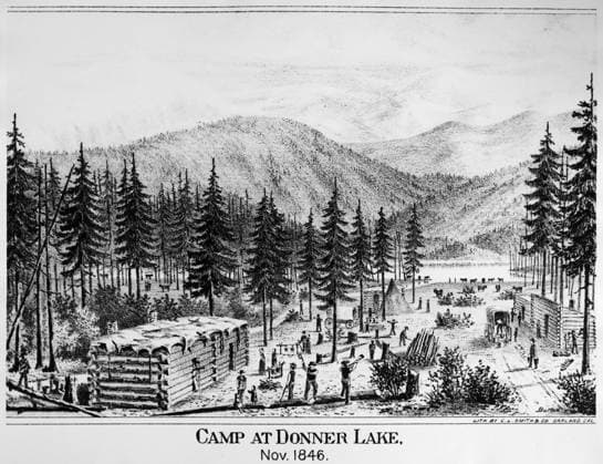 CALIFORNIA: DONNER LAKE. Camp at Donner Lake in northern California as it appeard in November 1848. Lithograph, American, c1880.  Copyright: xGRANGERx xGRANGERx 0175529