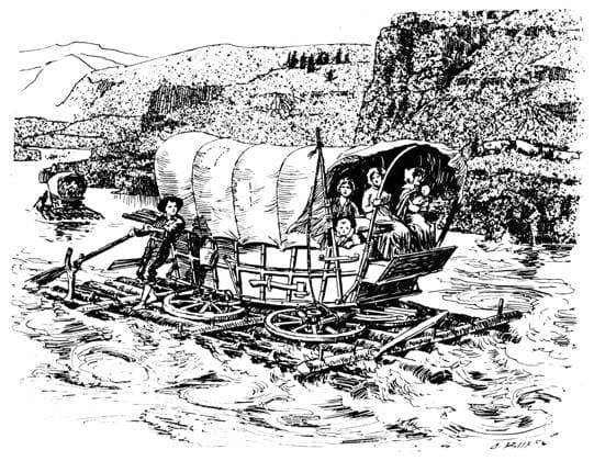 COLUMBIA RIVER. American pioneers traveling on the Oregon trail, rafting on the Columbia River. Drawing.  Copyright: xGRANGERx xGRANGERx 0175533