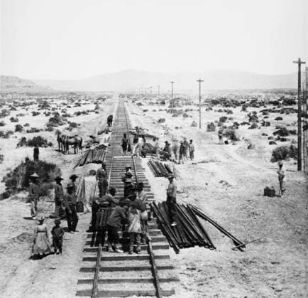 NEBRASKA: RAILROAD WORK. Workers laying down track in the Humboldt Plains in Nevada. Photograph by Alfred Hart, c1868.  Copyright: xGRANGERx xGRANGERx 0176012