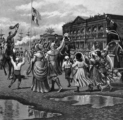 LOUISIANA PURCHASE, 1803. Crowds in New Orleans cheering as the U.S. flag is raised, 20 December 1803, marking the official transfer of the Louisiana Territory from France to the United States following the Louisiana Purchase. Wash drawing by Joseph Boggs Beale (1841-1926).  Copyright: xGRANGERx xGRANGERx 0176348