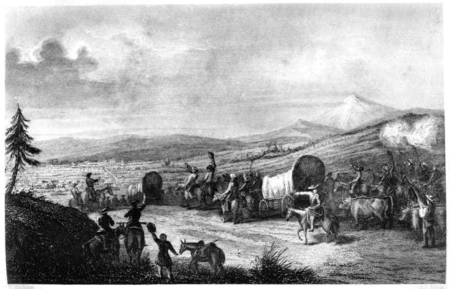 WAGON TRAIN, c1844. Arrival of the Caravan at Santa Fe. Engraving by A.L. Dick, from Commerce of the Prairies by Josiah Gregg, c1844.  Copyright: xGRANGERx xGRANGERx 0183819