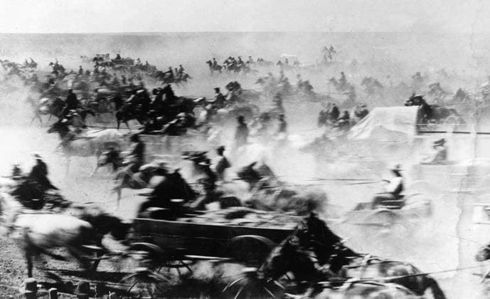 OKLAHOMA LAND RUSH, 1893. Homestead claimants rushing into the Cherokee Strip, Oklahoma Territory, on 16 September 1893. Photograph, 1893.  Copyright: xGRANGERx xGRANGERx 0183825