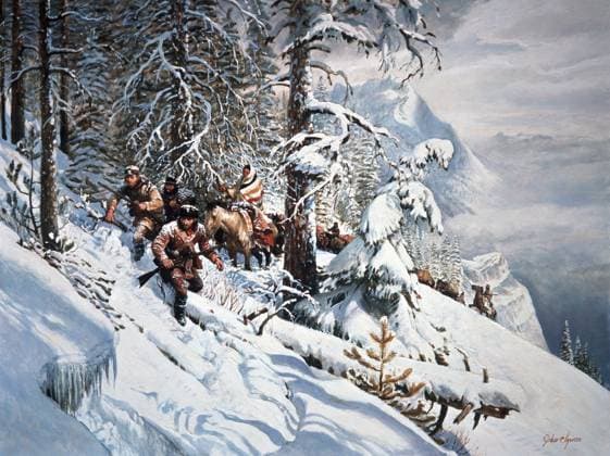 CLYMER: LEWIS AND CLARK. Lewis and Clark, with their guide Sacagawea (on horseback), in the Bitterroot Mountains in present-day Idaho, September 1805. Oil on canvas, 1967, by John Clymer.  Copyright: xGRANGERx xGRANGERx 0183904