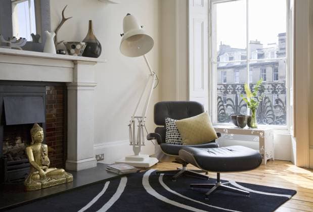 Oversize anglepoise floor lamp behind Eames lounge chair and ottoman in front of window Oversize anglepoise floor lamp behind Eames lounge chair and ottoman in front of window, Credit:Douglas Gibb Avalon 0538058096
