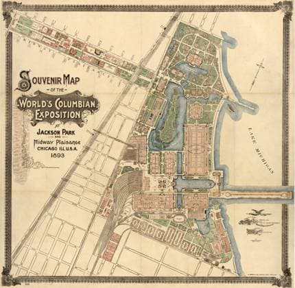 MAP: WORLD S FAIR, 1893. Souvenir map of the World s Columbian Exposition at Jackson Park and Midway Plaisance in Chicago, Illinois. Map published by A. Zeese & Co., 1893.  Copyright: xGRANGERx xGRANGERx 0216439