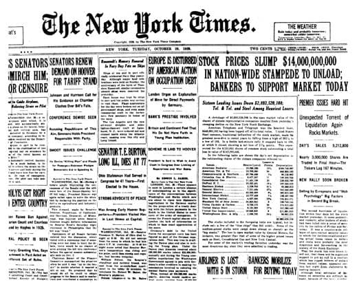 WALL STREET CRASH, 1929. Front page of the New York Times, 29 October 1929, reporting on the Wall Street Crash.  Copyright: xGRANGERx xGRANGERx 0216504