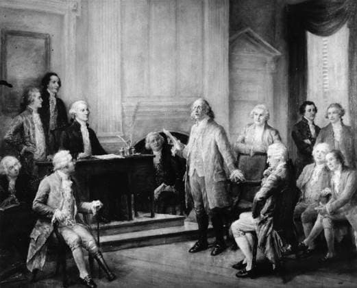 CONSTITUTIONAL CONVENTION. Benjamin Franklin at the Constitutional Convention in Philadelphia, 1787.  Copyright: xGRANGERx xGRANGERx 0259385