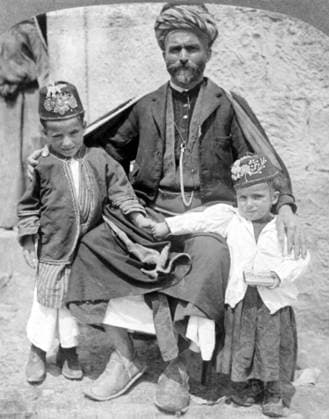 Palestine: A proud father with his two sons dressed in their best clothes, Ramallah, 1905 Palestine (Arabic: ÙÙ Ø³Ø·ÙäÙÜŽ Filasá¹­Ä«n, Falasá¹­Ä«n, Filisá¹­Ä«n; Greek: Î Î±Î»Î±Î¹ÏƒÏ Î¯Î½Î·, PalaistinÄ ; Latin: Palaestina; Hebrew: ×¤×œ× ×ª×™× × Palestina) is a name given to the geographic region between the Mediterranean Sea and the Jordan River. The region is also known as the Land of Israel (Hebrew: ××¨×¥Ö¾×™× ×¨××œ Eretz-Yisra el), the Holy Land and the Southern Levant.<br ><br > In 1832 Palestine was conquered by Muhammad Ali s Egypt, but in 1840 Britain intervened and returned control of the Levant to the Ottomans in return for further capitulations. The end of the 19th century saw the beginning of Zionist immigration and the Rev Copyright: xxPicturesxFromxHistoryx