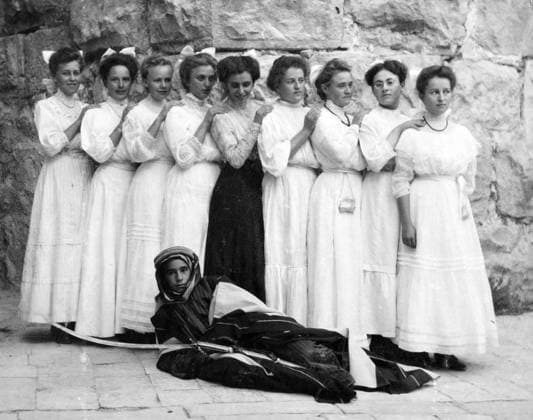 Palestine: Nine girls and a young boy in traditional Palestinian robes with a sword - probably posed at the American Colony in Jerusalem, c. 1910 Palestine (Arabic: ÙÙ Ø³Ø·ÙäÙÜŽ Filasá¹­Ä«n, Falasá¹­Ä«n, Filisá¹­Ä«n; Greek: Î Î±Î»Î±Î¹ÏƒÏ Î¯Î½Î·, PalaistinÄ ; Latin: Palaestina; Hebrew: ×¤×œ× ×ª×™× × Palestina) is a name given to the geographic region between the Mediterranean Sea and the Jordan River. The region is also known as the Land of Israel (Hebrew: ××¨×¥Ö¾×™× ×¨××œ Eretz-Yisra el), the Holy Land and the Southern Levant.<br ><br > In 1832 Palestine was conquered by Muhammad Ali s Egypt, but in 1840 Britain intervened and returned control of the Levant to the Ottomans in return for further capitulations. The end of the 19th cent Copyright: xxPicturesxFromxHistoryx