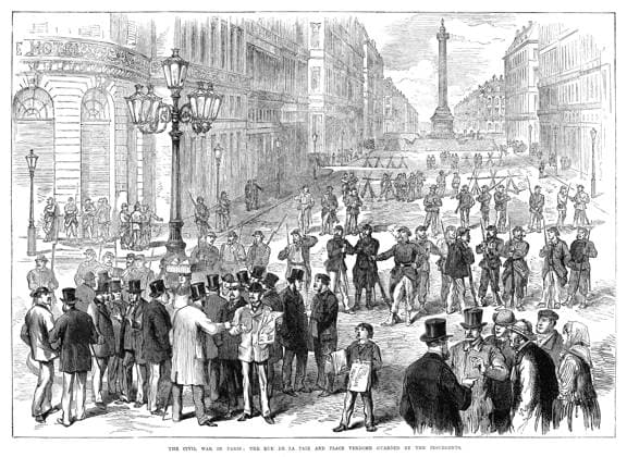 PARIS COMMUNE, 1871. The Rue de la Paix and Place Vendome guarded by Communard insurgents. Engraving, English, April 1871.  Copyright: xGRANGERx xGRANGERx 0266313