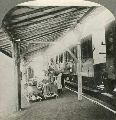 WWI: HOSPITAL, c1916. Heroes from the Front. French wounded delivered at hospital station from Red Cross train. Stereograph, c1916.  Copyright: xGRANGERx xGRANGERx 0326092
