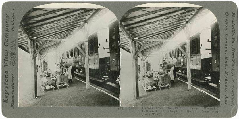 WWI: HOSPITAL, c1916. Heroes from the Front. French wounded delivered at hospital station from Red Cross train. Stereograph, c1916.  Copyright: xGRANGERx xGRANGERx 0326093