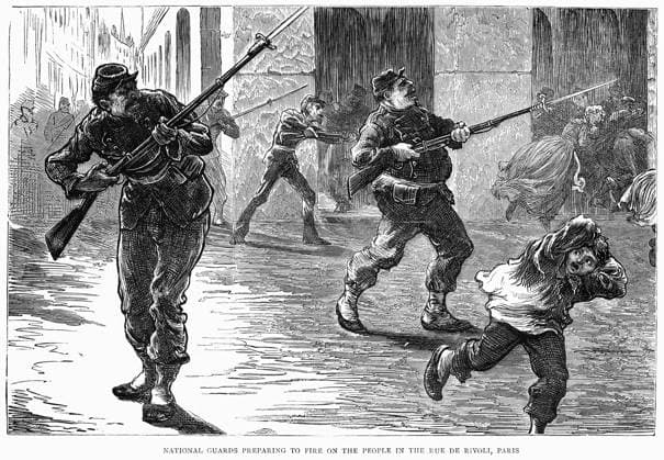 PARIS COMMUNE, 1871. Troops with the French National Guard preparing to fire on communards on the Rue de Rivoli in Paris. Engraving, English, April 1871.  Copyright: xGRANGERx xGRANGERx 0354911