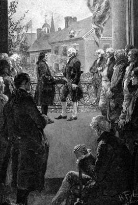 GEORGE WASHINGTON (1732-1799). First President of the United States. The inauguration of George Washington as the first President of the United States at Federal Hall, New York City, 30 April 1789. Wood engraving, American, 1889, by Francis Scott King after Howard Pyle.  Copyright: xGRANGERx xGRANGERx 0354927