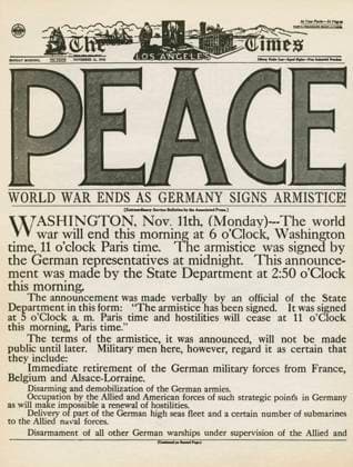 WWI: ARMISTICE, 1918. The front page of The Los Angeles Times, 11 November 1918.  Copyright: xGRANGERx xGRANGERx 0371105