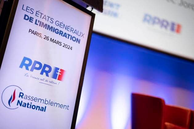Rassemblement National Campaign Meeting - Paris illustration RN (Rassemblement national) and RPR during the General assembly of Immigration (Etats generaux de l immigration ), organised by the RN as part of their European election campaign, in Paris, France on March 26, 2024. Photo by Eliot Blondet ABACAPRESS.COM Paris France  Copyright: xBlondetxEliot ABACAx