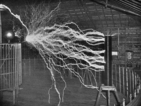 TESLA S LABORATORY, c1900. An experiment to illustrate the capacity of the oscillator for producing electrical explosions of great power, in Nikola Tesla s laboratory in Colorado Springs, Colorado. Photograph by Dickenson V. Alley, c1900.  Copyright: xGRANGERx xGRANGERx 0526526