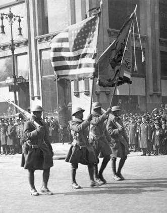 WWI: PARADE, 1919. Troops of the 369th Infantry Regiment on parade up Fifth Avenue in New York City. Photograph, 17 February 1919.  Copyright: xGRANGERx xGRANGERx 0528283