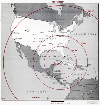 CUBAN MISSILE CRISIS. Map of the United States and Cuba, showing the range of Cuban missiles, c1962.  Copyright: xGRANGERx xGRANGERx 0528915