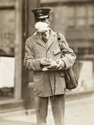 FLU PANDEMIC, 1918. A letter carrier in New York City wearing a face mask during the influenza pandemic. Photograph, October 1918.  Copyright: xGRANGERx xGRANGERx 0529220