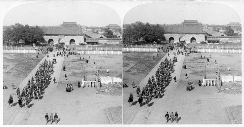 CHINA: BOXER REBELLION. The Bengal Lancers returning from the reception of Count Alfred von Waldersee, approaching the Qianmen Gate at Beijing, during the Boxer Rebellion in China. Stereograph, c1901.  Copyright: xGRANGERx xGRANGERx 0622228