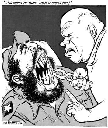 CUBAN MISSILE CRISIS, 1962. This hurts me more than it hurts you. Cartoon comment on the Cuban Missile Crisis; Soviet leader Nikita Khrushchev as a dentist, removing missiles from the mouth of Cuban leader Fidel Castro. Cartoon by Edmund Valtman, 30 October 1962.  Copyright: xGRANGERx xGRANGERx 0622499