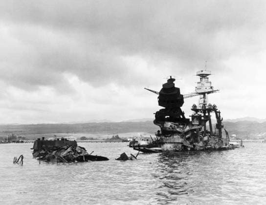 WWII: PEARL HARBOR, 1941. The partially-submerged wreck of the USS Arizona after the Japanese attack on Pearl Harbor. Photograph, 10 December 1941.  Copyright: xGRANGERx xGRANGERx 0623326
