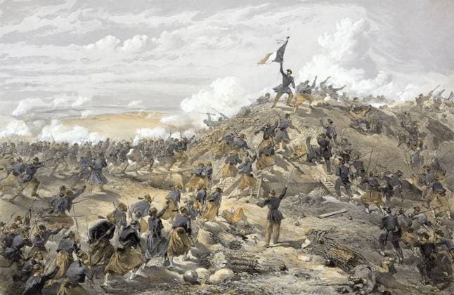 CRIMEAN WAR: SEVASTOPOL. The French assault on the Russian Malakoff fortification at the Siege of Sevastopol during the Crimean War, 8 September 1855. Lithograph by William Simpson, 1855.  Copyright: xGRANGERx xGRANGERx 0636087