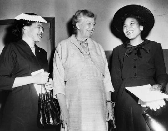 PARKS, ROOSEVELT, AND LUCY. Left to right: Rosa Parks, Eleanor Roosevelt, and Autherine Lucy, prior to a civil rights rally at Madison Square Garden. Photograph, 1956.  Copyright: xGRANGERx xGRANGERx 0636312