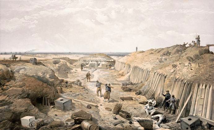 CRIMEAN WAR: SEVASTOPOL. Ditch with spiked timbers, gabions, and bomb shelters at of the Bastion du Mât, a French redoubt at the left of the British lines at Sevastopol during the Crimean War. Lithograph by William Simpson, 1856.  Copyright: xGRANGERx xGRANGERx 0637000