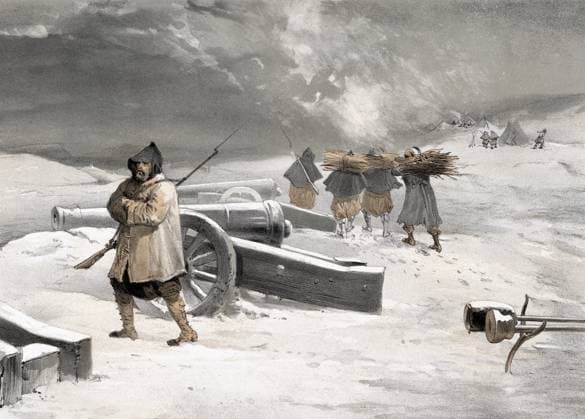 CRIMEAN WAR: SEVASTOPOL. Zouaves standing guard at a French battery during the Siege of Sevastopol during the Crimean War. English lithograph by William Simpson, 1855.  Copyright: xGRANGERx xGRANGERx 0637025