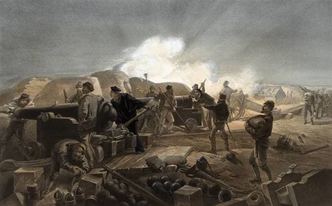 CRIMEAN WAR: ARTILLERY. Cannons and mortars being loaded and fired while men bring in supplies, at a British artillery battery at the Siege of Sevastopol during the Crimean War, 1855. Contemporary English lithograph by William Simpson.  Copyright: xGRANGERx xGRANGERx 0637037