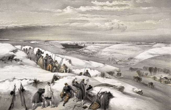 CRIMEAN WAR: SEVASTOPOL, 1855. British soldiers of the 26th Gun Battery dig trenches in the snow during the year-long British and French siege of the city of Sevastopol during the Crimean War. Lithograph, English, by William Simpson, 1855.  Copyright: xGRANGERx xGRANGERx 0637058