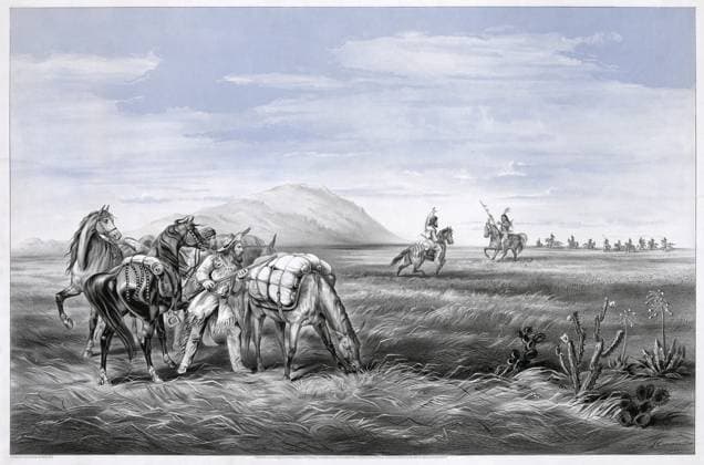 WILD WEST: PARLEY, c1866. A Parley: Prepared for an Emergency. A frontiersman prepares for an attack during a parley between another settler and a Native American. Lithograph by John Cameron, published by Currier & Ives, c1866.  Copyright: xGRANGERx xGRANGERx 0637278