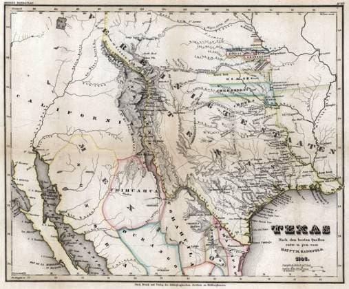 MAP: TEXAS, 1846. Hand-colored map of Texas, showing Native American territories, California, and Mexico, from Meyer s Hand Atlas, German, 1846.  Copyright: xGRANGERx xGRANGERx 0639378