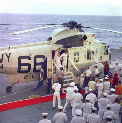 APOLLO 8: RECOVERY, 1968. The crew of Apollo 8, Frank Borman, James Lovell, and William Anders, arriving on the USS Yorktown after their recovery from the Pacific Ocean. Photograph, 27 December 1968.  Copyright: xGRANGERx xGRANGERx 0639898