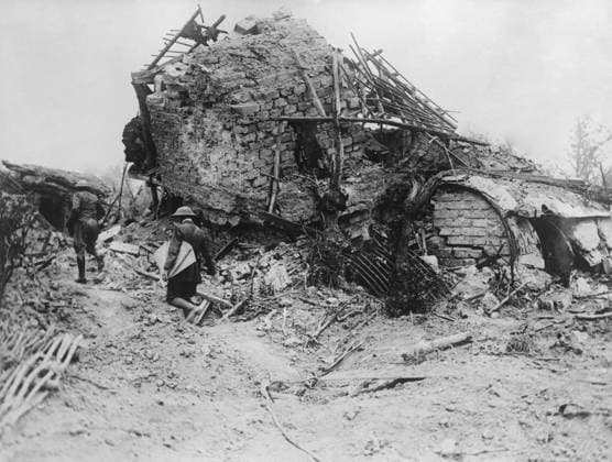 WWI: BATTLE OF MESSINES, 1917. British officer retrieving a map board from the ruins of a German observation post during the Battle of Messines, Oosttaverne Wood, Flanders. Photograph by Ernest Brooks, 11 June 1917.  Copyright: xGRANGERx xGRANGERx 0644681
