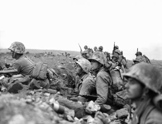 WWII: IWO JIMA, 1945. 4th Division Marines assembled prior to the assault on Motoyama Airfield during the Battle of Iwo Jima. Photograph from the United States Marine Corps, 1945.  Copyright: xGRANGERx xGRANGERx 0644831