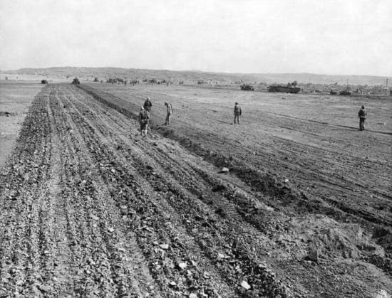 WWII: IWO JIMA, 1945. American Marines preparing Motoyama Airfield for use after its captured during the Battle of Iwo Jima. Photograph from the United States Marine Corps, 1945.  Copyright: xGRANGERx xGRANGERx 0645023